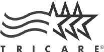 TRICARE logo with stylized star and waved lines in grayscale.