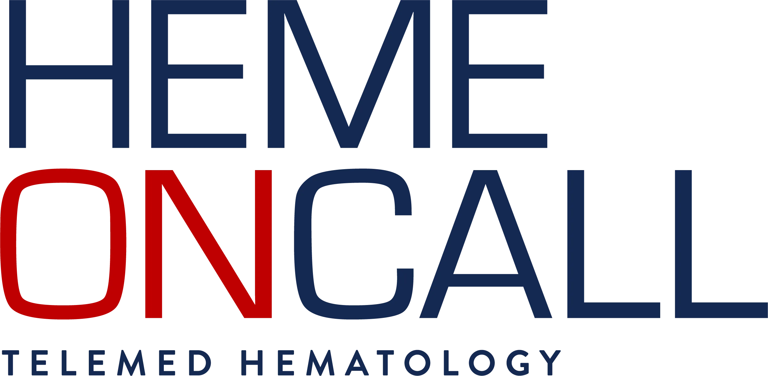 HemeOnCall logo featuring bold navy and red text with telemed hematology tagline.