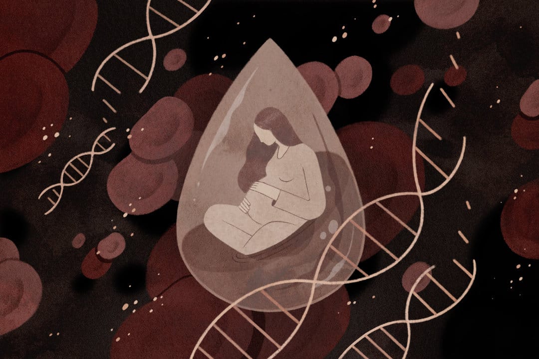 Artistic depiction of a pregnant woman surrounded by DNA strands and blood cells, symbolizing prenatal testing.