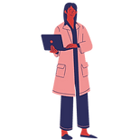 Healthcare professional in a lab coat holding a clipboard.