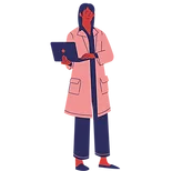 Healthcare professional in a lab coat holding a clipboard.
