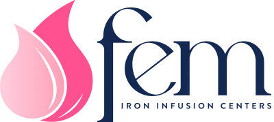 Fem logo featuring a stylized pink flame and elegant navy blue text.