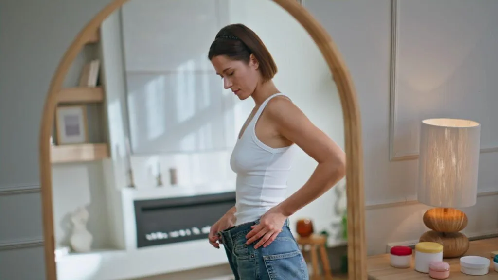 Woman checking loose jeans fit in mirror